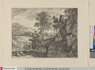 [Landschaft mit Holzsteg über einem Fluss]
