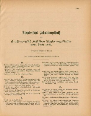 Alphabetisches Inhaltsverzeichniß des Großherzoglich Hessischen Regierungsblattes vom Jahr 1881
