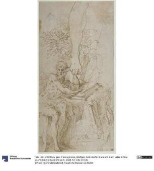 Bärtiger, halbnackter Mann mit Buch unter einem Baum; Studie zu einem Bein