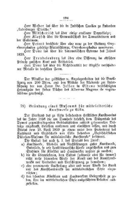 Gründung eines Museums für mittelalterliche Kunstwerke zu Cöln : [I. Akademien und Universitäten]