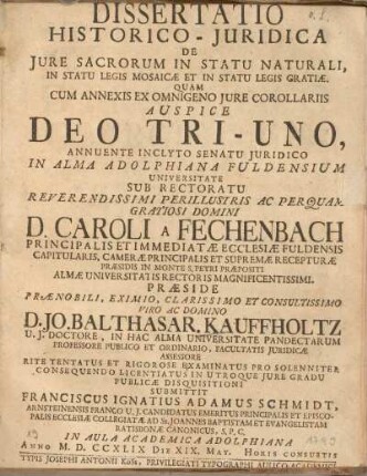 Dissertatio historico-juridica de jure sacrorum in statu naturali, in statu legis mosaicae et in statu legis gratiae