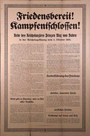"Friedensbereit! Kampfentschlossen!", Rede des Reichskanzlers Max von Baden