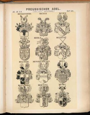 Taf. 114. Mecklenburg. - Medem. - Meien. - Meier. I. - Meier. II. - Meinecke. - Melchior. - Mengershausen. - Mens. - Mentzdorff. - Mertens. - Meske.