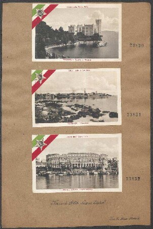Italienische Propagandepostkarten: Visione della Nuova Italia (Ortsansichten aus Istrien mit Porträts italienischer Heerführer und Politiker): Trieste, catello di Miramar, Ammirale Viale, unsign., farbig