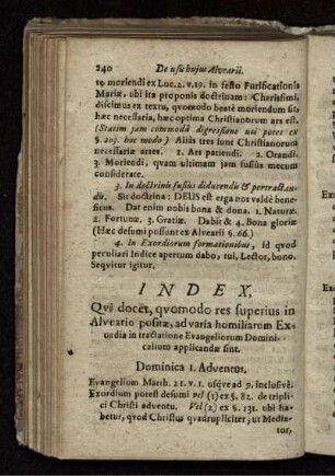 Index, Qui docet, quomodo res superius in Alveario positae, ad varia homiliarum Exordia in tractatione Evangeliorum Dominicalium applicandae sint