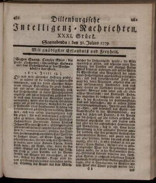 XXXI. Stück. Sonnabends: den 31. Julius 1779.