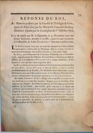 Réponse Du Roi, Au Mémoire présenté par la Faculté de Théologie de Paris, après le Refus fait par Sa Majesté d'entendre les douze Docteurs députés par la Conclusion du Ier Octobre 1756, ...