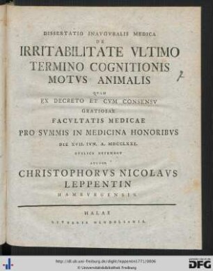 Dissertatio Inauguralis Medica De Irritabilitate Ultimo Termino Cognitionis Motus Animalis