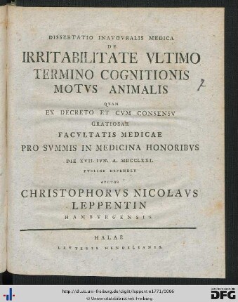 Dissertatio Inauguralis Medica De Irritabilitate Ultimo Termino Cognitionis Motus Animalis