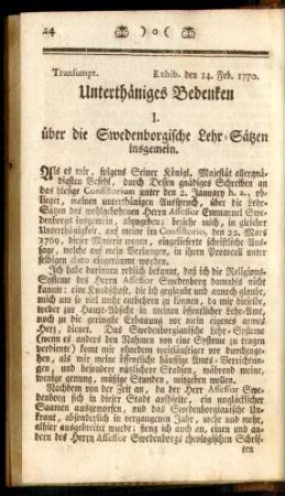 I. über die Swedenborgische Lehr-Sätzen insgemein