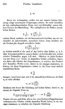 §. 91. Digression über die Anzahl aller Darstellungen einer Zahl durch das Formensystem. Anwendung auf die Zerlegung der Zahlen in zwei Quadratzahlen