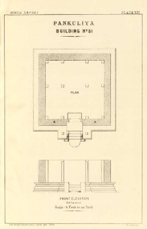 Plate XXI. Pankuliya Building No. 31. Plan. Front elevation.