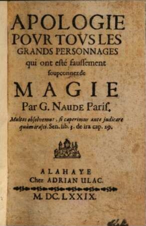 Apologie Povr Tovs Les Grands Personnages qui ont esté faussement soupconnez de Magie