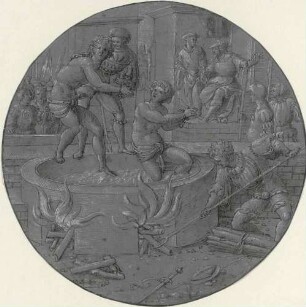 Das Märtyrium des heiligen Crispin und des heiligen Crispinian. Blatt 4: Die Märtyrer in einem Kessel mit siedendem Öl (Blatt 4 der Folge)