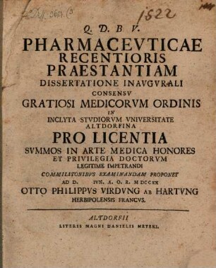 Pharmacevticae Recentioris Praestantiam Dissertatione Inavgvrali