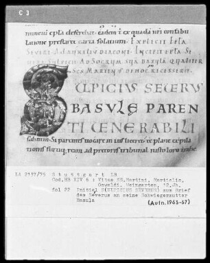 Sulpicius Severus und Pseudo Aurelianus - Vitae Sanctorum Martini, Martialis, Oswaldi — Sulpicius Severus, Folio 1recto-70verso — ---, Folio ---Initiale S (ulpicius Severus), Folio 22 recto