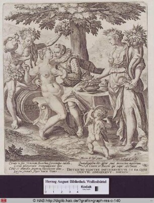 Venus und ein Kavalier unter einem Baum, flankiert von Bacchus und Ceres (Sine Bacchus et Ceres Venus friget).