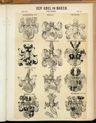 Taf. 32. Greiffenegg verm. - Grünau. - Grünberg. - Gültlingen - Günderode, St-W. - Günderode-Kellner. - Gugel, St-W. 1502. - Gugel, 1543. - Haber 1829. - Haber, Fhr 1869. - Hacke. - Hammerer, Fhr 1792.