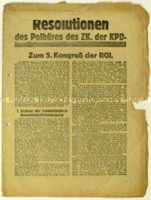 Flugschrift zu den künftigen Aufgaben der KPD nach dem 5.Kongress der Roten Gewerkschafts-Internationale 1930