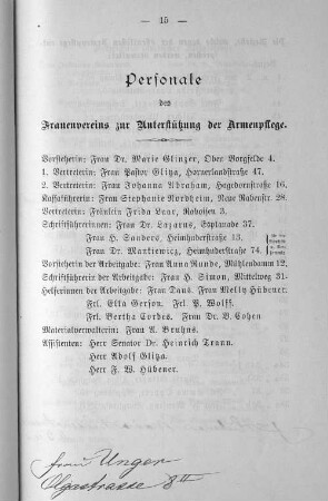 Personale des Frauenvereins zur Unterstützung der Armenpflege.