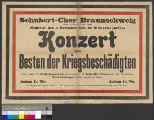 Ankündigung eines Konzertes des Schubert-Chors Braunschweig am 3. November 1915 in Braunschweig zur Unterstützung der Kriegsbeschädigten