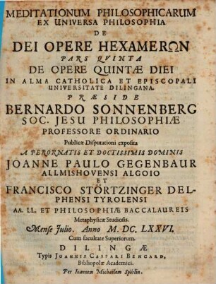 Meditationum Philosophicarum Ex Universa Philosophia De Dei Opere Hexamerōn Pars ..., 5. De Opere Quintae Diei