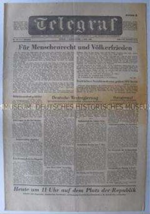 (West)-Berliner Tageszeitung "Telegraf" mit Berichten zu den Feierlichkeiten des 1. Mai in den Westsektoren