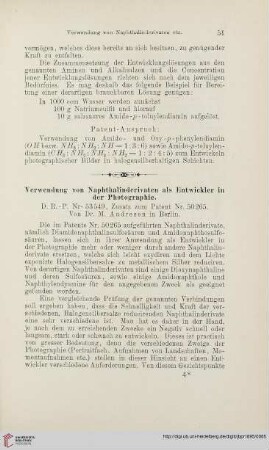 Verwendung von Naphthalinderivaten als Entwickler in der Photographie : D.R.-P. Nr.-53549, Zusatz zum Patent Nr. 50265