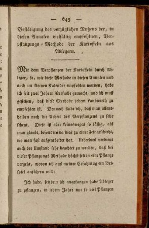 Bestätigung des vorzüglichen Nutzens der, in diesen Annalen vielfältig empfohlnen, Verpflanzungs-Methode der Kartoffeln aus Ablegern