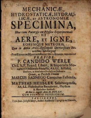 Mechanicae, hydrostaticae ... specimina