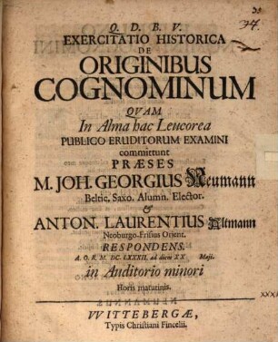 Exercitatio Historica De Originibus Cognominum