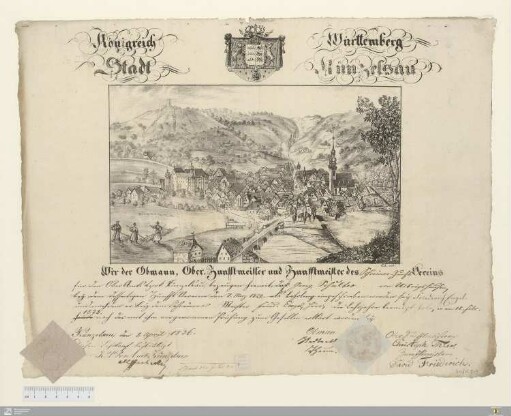 Königreich Württemberg Stadt Künzelsau : [Handwerksbrief, Tischler, Künzelsau, 1836]; Wir der Obmann, Ober-Zunfftmeister udn Zunfftmeister des Schreiner-Zunft-Vereins für den Ober Amts Bezirk Künzelsau, bezeugen hiemit, daß Georg Schultes von Uibrigshausen ... nachdem er, bey dem Schreiner Meister Fried. Engel hier, die Lehrjahre beendigt habe ... zum Gesellen erklärt worden sey. Künzelsau, den 8. April 1836 ...