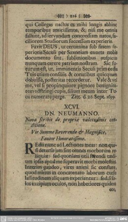 XCVI. DN. NEUMANNO. Nova scribit de propriae valetudinis conditione
