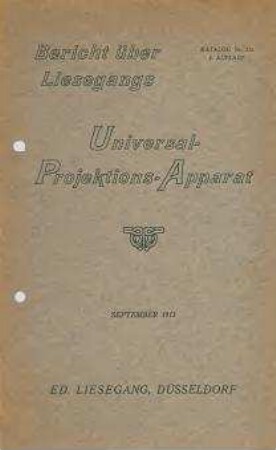Umschlag zum Bericht über Liesegangs Universal-Projektions-Apparat