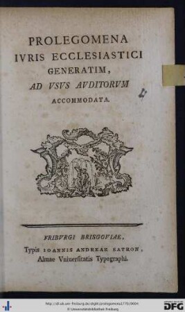 Prolegomena Ivris Ecclesiastici Generatim : Ad Vsvs Avditorvm Accomodata