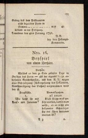 293-301, Nro. 16. Beyspiel von einem Verhöre.