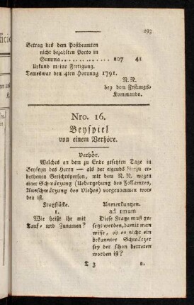 293-301, Nro. 16. Beyspiel von einem Verhöre.