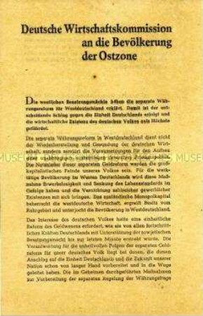 Informationsblatt für die Bevölkerung der Sowjetischen Besatzungszone zur Währungsreform