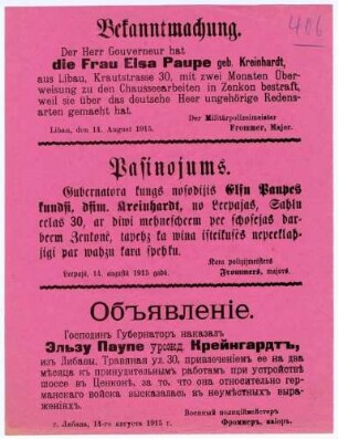 "Bekanntmachung." Verurteilung einer Einheimischen wegen ungehöriger Redensarten über das deutsche Heer