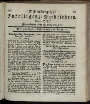 XLIII. Stück. Sonnabends: den 27. October 1781.
