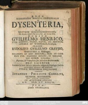 Dissertatio Medica Inavgvralis De Dysenteria : ... In Avditorio Maiori, A. D. Octobr. A. C. MDCCVIII.