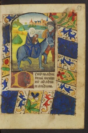 Vollbordürenseite mit Miniatur (Flucht nach Ägypten), Initiale D und Streumusterbordüre
