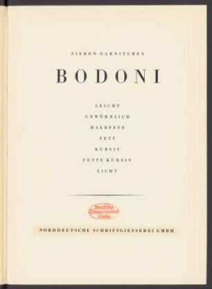 Sieben Garnituren Bodoni : leicht, gewöhnlich, halbfett, fett, kursiv, fette kursiv, licht