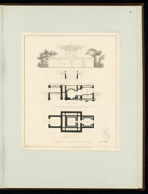 Pavillon über einem Eiskeller Monatskonkurrenz Dezember 1849: Grundriss Erdgeschoss, Aufriss Vorderansicht, Längsschnitt; Maßstabsleiste