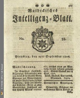 No. 38. Dienstag, den 23ten September 1806
