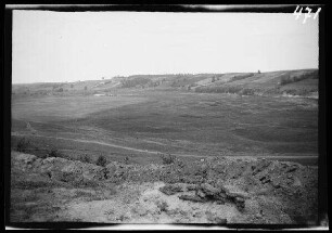 Dubissa-Stellung (=Dubysa, Gewässer in Litauen): Blick aus dem Schützengraben über eine Talsenke ("Blick von den deutschen Schützengräben an der Dubissa. Mai 1915")