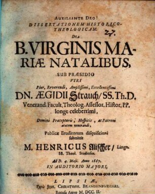 Diss. hist. theol. de B. Virginis Mariae natalibus
