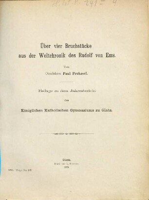 Über vier Bruchstücke aus der Weltchronik des Rudolf von Ems