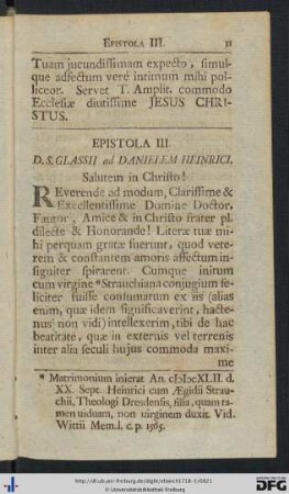 III. D. S. Glasii ad Danielem Heinrici - IV. Salom. Glasii ad Dan. Heinrici.