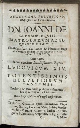 Anagramma Helveticum Illustrißimo & Excellentißimo Domino Dn. Ioanni De La Barde [...]